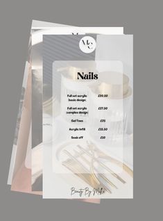 the menu for nails is displayed on top of a table with goldware and other items