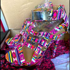 Nwt Eye-Catching, Bright And Colorful Yet Sexy!!! Pink, White, Blue, Orange Aztec Print With Bold Silver Accents. These Are Standout Shoes, Don’t Miss Them Multicolor High Heel Party Shoes, Multicolor Platform Heels For Party, Bold High Heel Sandals For Party, Multicolor 4-inch Heels For Party, Bold Multicolor Ankle Strap Heels, Colorful High Heel Party Shoes, Colorful Pointed Toe Heels For Party, Colorful High Heels For Party, Multicolor Ankle Strap Heels For Party