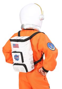 a man in an orange space suit is holding a white backpack and looking at something