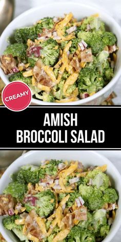 two bowls filled with broccoli salad on top of a table