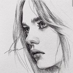 a pencil drawing of a woman's face with her hair blowing in the wind