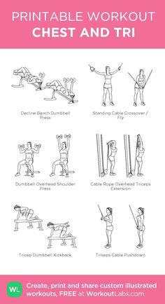 the printable workout guide for chest and trices is shown in this image