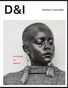 a black and white photo of a woman's face on the cover of d & i magazine