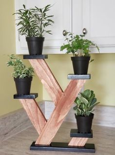 three potted plants sit on top of a wooden letter shaped plant stand in front of a kitchen counter