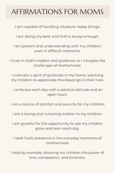 an affirmation poem with the words affirmations for moms on it