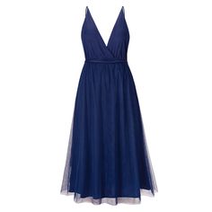 a dress that is blue and has mesh on the bottom, with a v neckline