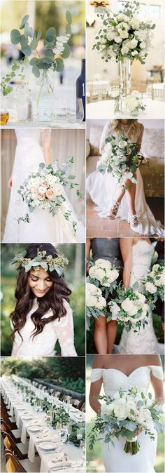 a collage of photos with white flowers and greenery in the center, on top of