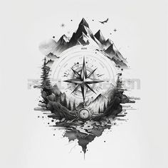 a black and white drawing of a compass with mountains in the background