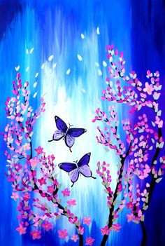 two purple butterflies are flying over some pink flowers on a blue and white background,