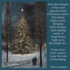 a christmas tree in the middle of a snowy forest with a quote from mary angelo