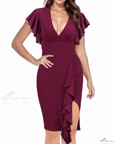 Elluis - Elegant and Stylish Deep V-neck Pencil Dress with Ruffle Sleeves: Ideal for Upscale Wedding Receptions and Cocktail Affairs Formal Fitted V-neck Dress With Ruffles, Elegant V-neck Midi Dress For Banquet, V-neck Midi Dress With Ruffles For Formal Occasions, Fitted V-neck Mini Dress With Ruffles, V-neck Ruffled Dresses For Banquets, V-neck Wedding Dresses With Ruffles, Fitted V-neck Long Sleeve Wedding Dress, Elegant Formal V-neck Dress With Ruffles, Elegant Fitted V-neck Dress With Ruffles