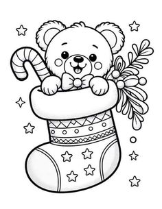 a teddy bear in a christmas stocking with candy canes and stars around it