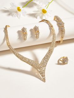 5pcs/set Glamorous Zinc Alloy Rhinestone Decor Jewelry Set For Women For Wedding Decoration Yellow Gold    Zinc Alloy     Women Fashion Jewelry, size features are:Bust: ,Length: ,Sleeve Length: Gold Collar, Women's Jewelry Sets, Rhinestone Decor, Watches Women Fashion, Kids Beachwear, Set For Women, Wedding Decoration, Jewelry Set, Zinc Alloy