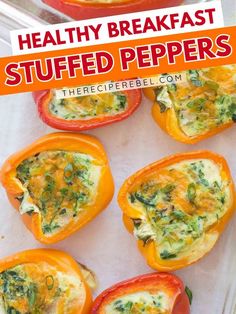 A healthy breakfast idea that's low-carb! This stuffed bell pepper recipe is also a healthy lunch food or a healthy meal for dinner. Filled with cheese, bacon, and spinach, these Healthy Breakfast Stuffed Peppers are delicious!