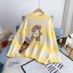 Collar: round neck Size: one size Color: pink, blue, yellow Cute Yellow Sweater For Fall, Cute Yellow Fall Sweater, Cute Yellow Long Sleeve Sweater, Cute Yellow Sweatshirt For Fall, Cute Yellow Long Sleeve Sweatshirt, Casual Long Sleeve Sweater With Bear Print, Cute Yellow Crew Neck Sweatshirt, Trendy Yellow Soft Knit Sweater, Weird Sweaters