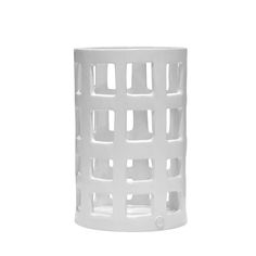 a white vase with holes in the middle on a white background, it appears to be made out of plastic