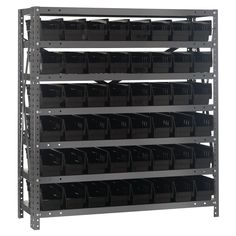 a metal shelving unit with black bins