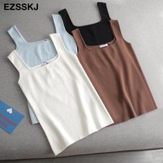 U-NECK básica de alta calidad para mujer, camiseta sin mangas de punto blanco, sexy, vintage, top informal, crop top _ - AliExpress Mobile Summer Tube Top, Black Korean, Cashmere Outfits, Crop Top Casual, Summer White, Sleeveless T Shirt, Knitted Tops, Top T Shirt, U Neck