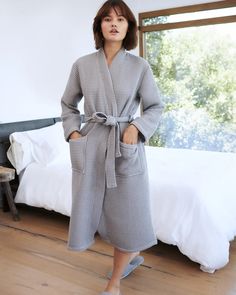 Woven from 100% organic long-staple Turkish cotton, our waffle robe is inspired by the classic style found in spas across the globe. Generously sized, lightweight, super soft, and highly absorbent, this robe will be your favorite post-shower and get-ready accessory. | Turkish Waffle Robe in Grey Size Medium | 100% Organic Cotton | Quince | Quince | Turkish Waffle Robe in Grey, Size M Bathrobes For Women, Cashmere Robe, Womens Robes, Waffle Weave, Just Run, Quince, Comfy Outfits, Classic Style, Sweater Dress