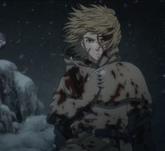 an anime character standing in the snow with his arm around another character's shoulder