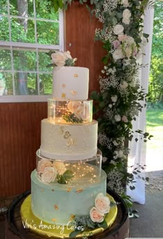 a three tiered cake sitting on top of a table