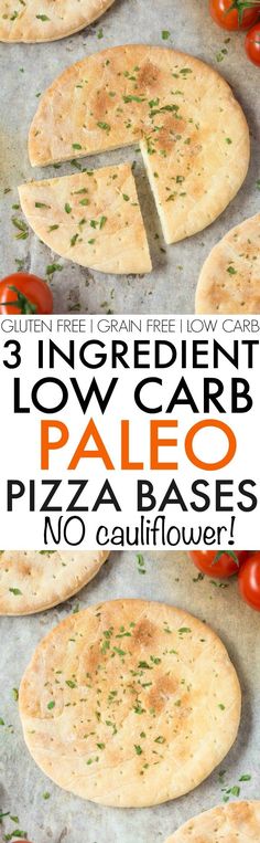 three ingredient low carb pale pizza base with tomatoes and herbs on top, in front of the recipe title