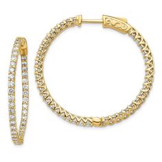 Product Weight Weighs approximately 7.66 grams. Product Dimensions Length of item : 30 mm Width of item : 30 mm Features - Polished - 14k Yellow gold - Diamond - Safety clasp - AA quality - 98 stones - Hinged hoop - In & out stones Total Diamond Weight 1.666ctw Product Specifications - Material : Primary - Purity : 14K - Finish : Polished - Stone Type_1 : Diamond - Stone Color_1 : White - Stone Quantity_1 : 98 - Length of Item : 30 mm - Stone Setting_1 : Prong - Stone Weight_1 : 0.017 ct - Stone Clarity_1 : I2 (A) - Feature : Solid - Manufacturing Process : Casted - Material : Primary : Gold - Completeness : Complete (all stones included) - Stone Shape_1 : Round - Stone Size_1 : 1.6 mm - Thickness : 2 mm - Item Weight U/M : gm - Width of Item : 30 mm - Product Type : Jewelry - Jewelry Type Gold Jewelry Earrings, Yellow Earrings, White Gold Earrings, Gold Earring, Yellow Gold Earring, Single Earring, Round Earrings, Diamond Stone, Diamond Earrings Studs