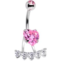 14 Gauge (1.6mm), 7/16" (11mm), 316L Surgical Grade Stainless Steel Curved Barbell, Cubic Zirconia Pink CZ Gem Sweet Heart Sweep Dangle Belly Ring This sparkling, glamorous belly ring will definitely bring out your loving side. A large pink cubic zirconia gem heart is the centerpiece of this 14 gauge dangle belly ring which also features a sweeping dangle string of clear gems. The pink heart cubic zirconia charm is mounted on a 7/16" curved barbell made with durable 316L surgical grade stainless Pink Heart-shaped Belly Rings For Gift, Heart-shaped Pink Belly Rings For Gift, Pink Heart Belly Rings For Valentine's Day, Silver Heart Belly Rings For Valentine's Day, Valentine's Day Silver Heart Belly Rings, Pink Heart Shaped Body Jewelry For Gift, Pink Heart Body Jewelry For Gift, Pink Heart-shaped Body Jewelry For Gift, Silver Belly Rings For Valentine's Day