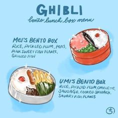 the menu for a bento box lunch is shown in blue and white colors, with an illustration of what it's like to eat