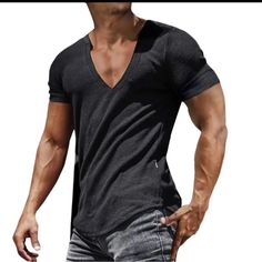 Men Shirt V-Neck Solid Color Breathable Sweat Absorption Quick Dry Summer Men Sports T-Shirt Pullover Top For Men Black V-neck Sports T-shirt, Black Stretch V-neck Shirt, Sports Fit, Designer Tshirt, Marlon Brando, Sleeves Clothing, Polo T Shirts, Sport T-shirts, Tee Shirt Homme