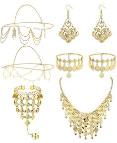 PRICES MAY VARY. BELLY DANCE JEWELRY SET: One order have 6 pcs Body Chain Jewelry Accessories for Women, includes 2 pcs Gold Sequins Head Chains,1 pcs Vintage Coins Veil Necklace,1 pair Gold Boho Earrings,1 pcs Coin Bracelet and 1 pair Bohemian Tassel Anklet. Indian-style Belly Dance Accessories bring you a different feeling, to meet your diverse needs of dress matching HIGH QUALITY MATERIAL: The Dance Play Accessories are made of premium alloy, sturdy and comfortable. Gypsy Jewelry for Women is Head Chains, Tassel Anklet, Belly Dance Accessories, Anklets Indian, Prom Outfit, Belly Dance Jewelry, Dance Necklace, Prom Accessories, Dance Accessories