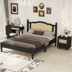 a bed room with a neatly made bed and two night stands