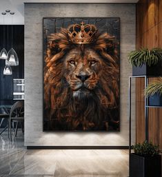 a painting of a lion with a crown on it's head in a living room