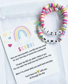 "The CUTEST back to school goodie for you and your little one 💖 If you have more than one kiddo, make sure you choose the option for additional bracelets if you would like a different color scheme other than the bright multicolored, please indicate that in the personalization section  for example-- all different blues, all different greens, or any specific colors you like.  The child's bracelet will be approx 5.5\" comes with card and pouch" Mother's Day Multicolor Custom Name Bracelet, Personalized Rainbow Fun Bracelets, Playful Personalized Rainbow Bracelets, Mommy And Me Bracelets For School, Playful Pink Personalized Name Bracelet, School Gifts For Kids, Back To School Bracelets, School Bracelets, Back To School Gifts For Kids