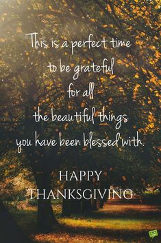 a quote on thanksgiving with trees and leaves in the foreground that reads, this is a perfect time to be grateful for all the beautiful things you have been