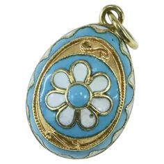 18K Blue & White Enamel Flower Decorative Egg Charm/Pendant Yellow Gold [CTXC] Enamel Flower, Religious Jewelry, White Enamel, Ruby Lane