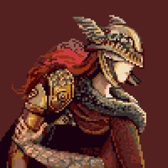 a pixellated image of a woman in armor and helmet with her arm around her chest