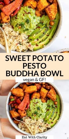 two bowls filled with sweet potato and buddha bowl next to another bowl full of vegetables