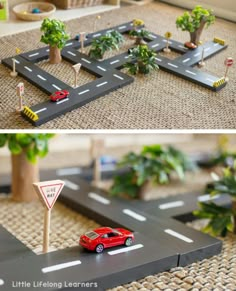 a toy car is parked in front of a road