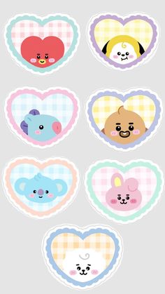 six heart shaped stickers with different animals on them, all in pastel colors