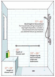 a bathroom shower with measurements for the height and width