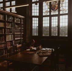 an old library with lots of books on the shelves and stained glass windows in it