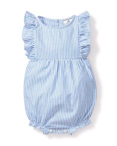 Baby's Twill Ruffled Romper in French Blue Seersucker Coverall Jumpsuit, French Stripes, One Piece Pajamas, Ruffle Romper, Bubble Romper, French Blue, Baby Outfits, Flame Retardant, Printed Rompers