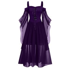 Retro Medieval Witch Long Dress Halloween Carnival Mesh Draw Strap Big Swing Dress Solid Color Long Witches Costumes For Women, Up Halloween Costumes, Midi Gowns, Steampunk Dress, Butterfly Sleeve Dress, Witch Dress, Punk Dress, Cold Shoulder Lace, Peacoats