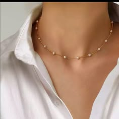 Sparkling Gold Plated Necklace. Hypoallergenic Tarnish Resistant Jewelry For Wedding, Party, Birthday Gift. Pearl Collar Necklace, Kalung Choker, قلادات متدلية, Trendy Necklace, Pearl Choker Necklace, Gold Choker Necklace, Neck Chain, Trendy Necklaces, Chain Choker Necklace