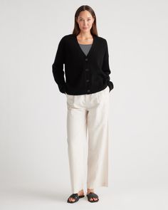 Take it up a notch with the Mongolian Cashmere Fisherman Cropped Cardigan Sweater, a fresh twist on our top-rated Mongolian Cashmere Oversized Boyfriend Cardigan Sweater. Crafted from Grade-A Mongolian cashmere, this ribbed sweater features the same luxurious softness and warmth as the original. Updated with a contemporary cropped fit, it's the ideal length to pair with high-waisted pants and skirts.  | Quince | Women's Mongolian Cashmere Fisherman Cropped Cardigan Sweater in Black, Size Small Casual Sweater Coat, Relaxed Fit For Daywear, Classic Sweater Coat With Relaxed Fit For Work, Classic Relaxed Fit Sweater Coat For Work, Relaxed Fit Cardigan For Workwear In Fall, Relaxed Fit V-neck Cardigan For Daywear, Casual V-neck Sweater Coat For Daywear, Relaxed Fit Versatile Cardigan For Fall, Fall V-neck Outerwear For Daywear, Boyfriend Cardigan