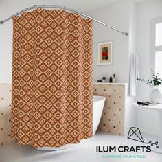 an orange and white shower curtain in a bathroom with a bathtub next to it