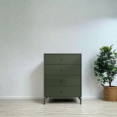 an empty room with a green dresser next to a potted plant on the floor