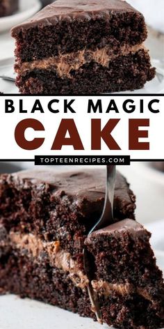 two slices of black magic cake with chocolate frosting on top and one slice cut out