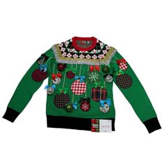 a green sweater with christmas decorations on it